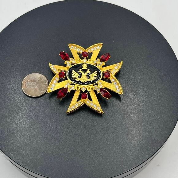 Russian Maltese Cross Red Rhinestone Black Enamel Pearl Crown Eagle Brooch - Picture 2 of 9